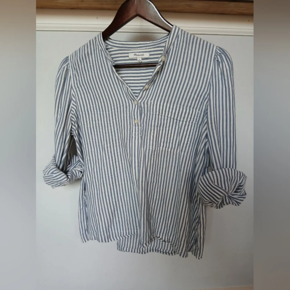 Madewell Puff-Sleeve Popover Shirt in Railroad Stripe Women's Size S